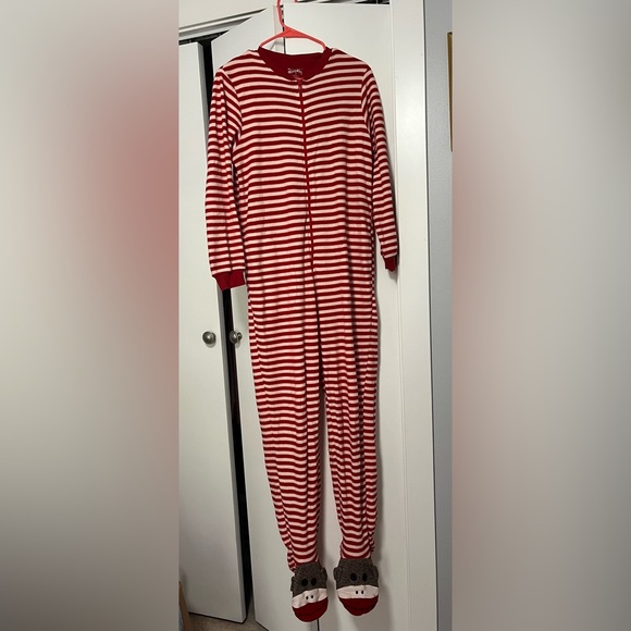 NICK & NORA SOCK MONKEY ADULT FOOTIE ONESIE PAJAMAS RED WHITE STRIPE SIZE SMALL - Picture 2 of 8
